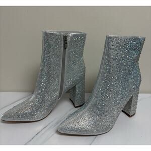 Lauren Lorraine Jam Silver Rhinestone Ankle Boots Womens size 9 Block Heel